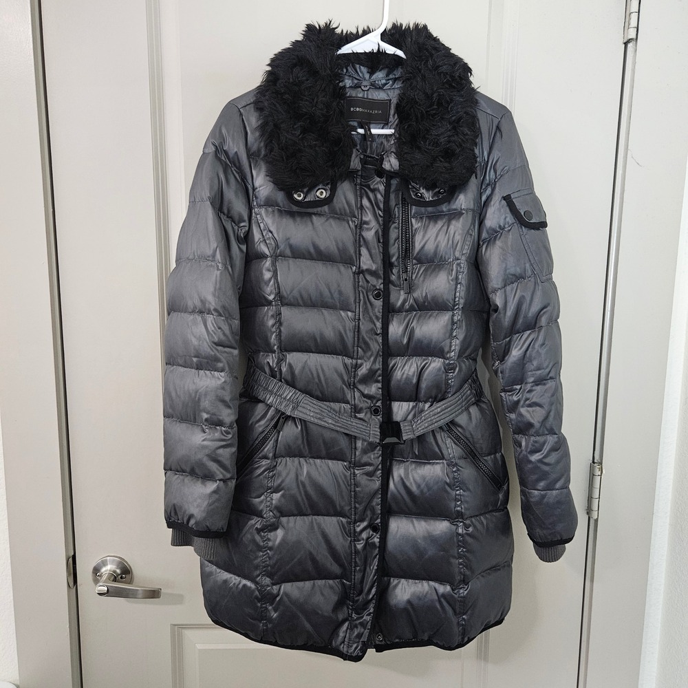 BCBGMAXAZRIA Metallic Grey Down Puffer Coat Faux Fur Collar Belted Medium